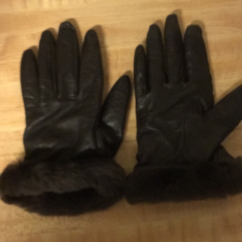 UGG Leather gloves,fur trim brown 6,cashmere lined